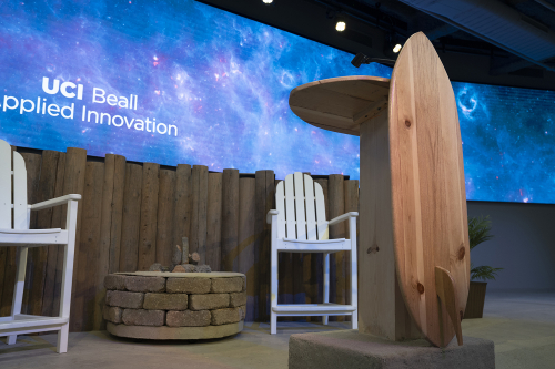 The Beach event space is decorated in a surfing and California coastal lifestyle inspired setting.